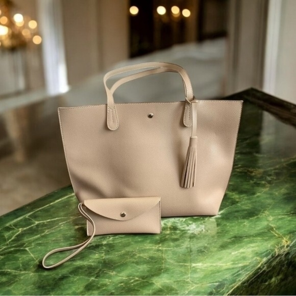 Hoxis Women’s Minimalist Vegan Leather Tote Handbag with Wallet Beige NWOT